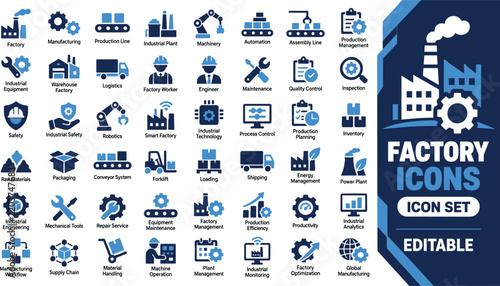 Factory and manufacturing blue icons set covering industrial production automation and supply chain management