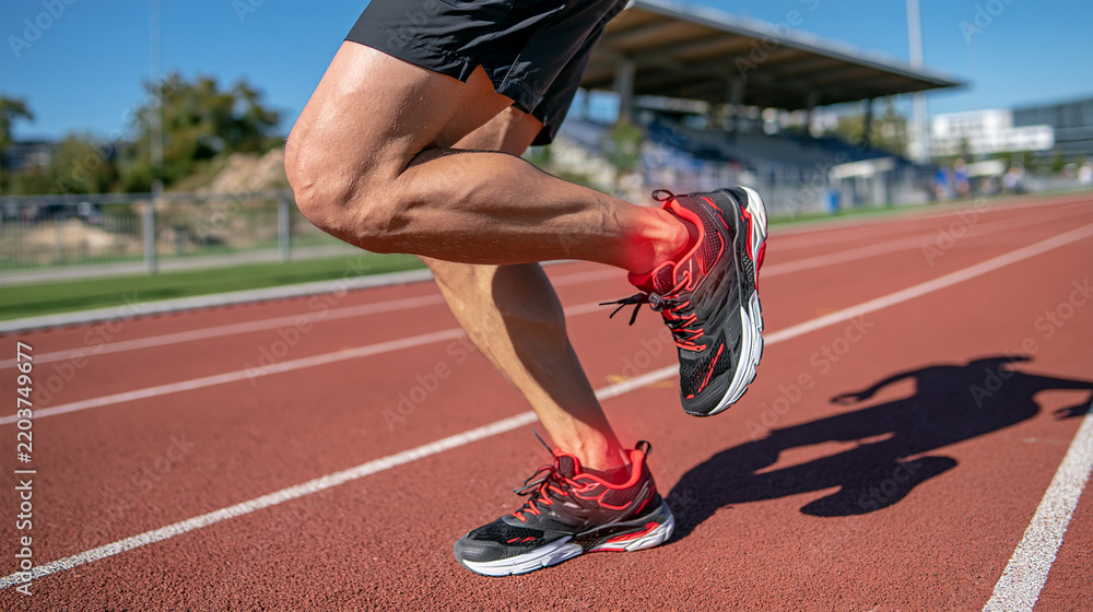 Obraz premium Athletic man running on a modern stadium track in breathable shorts and performance sneakers, red pain indicator encircling the ankle and red highlighted knee, injury prevention and sports healthcar