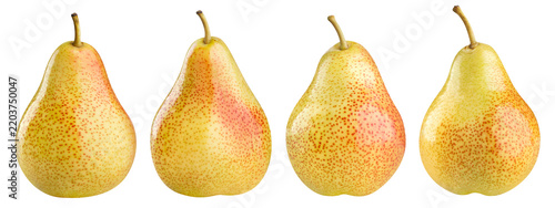 Set of four ripe yellow red pears with stems, isolated on transparent cutout background
