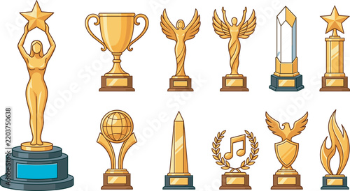 Golden Trophy Cup and Award Statuette Vector Icon Set Featuring Star Figures Winged Goddesses Obelisks and Laurel Wreaths for Achievement Recognition Designs