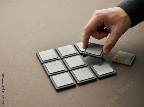 Data quality correction concept with hand replacing a mismatched metal tile in a modular grid
