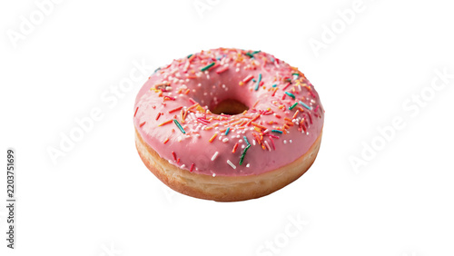 Sweet glazed donut with pink icing and sprinkles on transparent background
