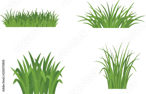 Green grass tufts set vector illustration featuring realistic fresh lawn bushes field turf elements for nature and landscape design isolated on white background