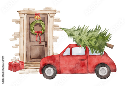 Watercolor Christmas door outdoor composition with presents and chrismtas tree car