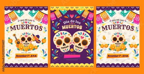 Set of Dia de los Muertos Festival Poster and Party Invitation Template with Ornate Sugar Skull