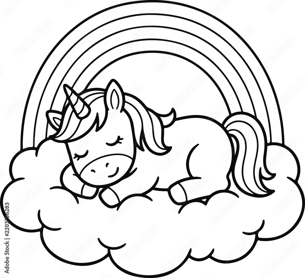 Fototapeta premium Cute sleeping unicorn on a cloud with a rainbow, black and white line art coloring page for kids