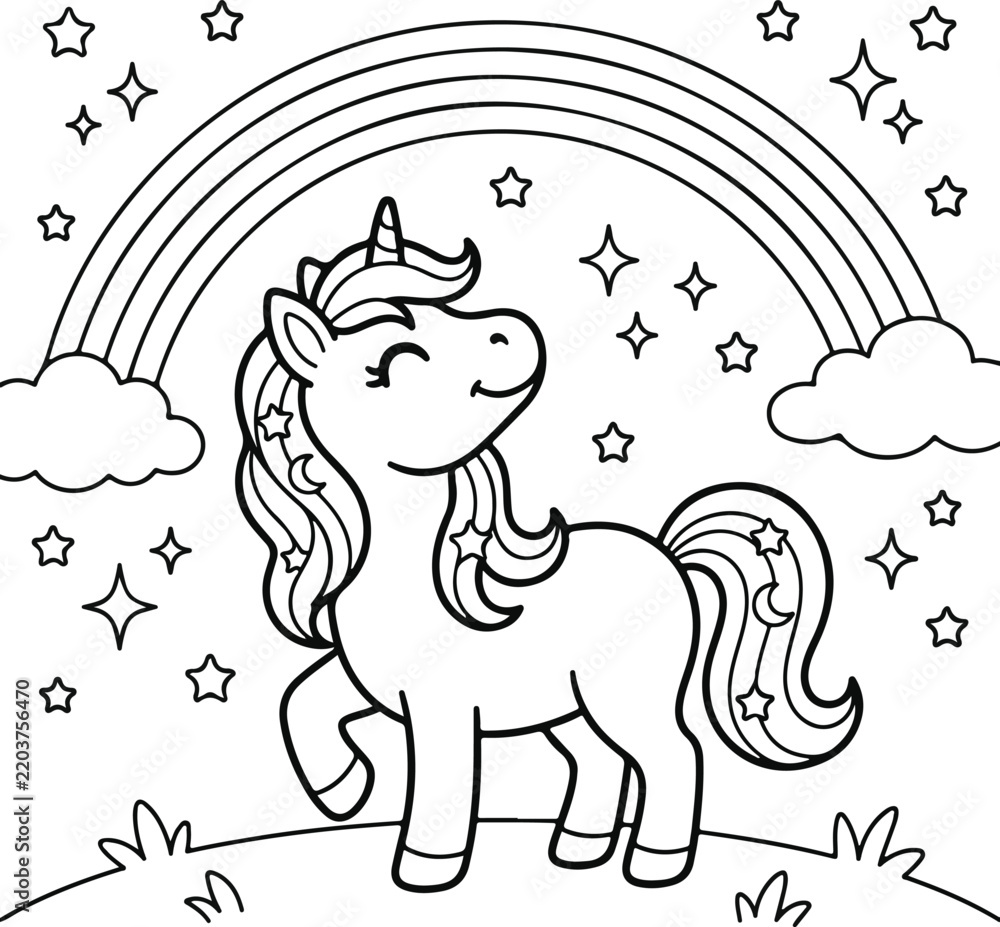 Fototapeta premium Cute unicorn standing on grass with a rainbow and stars in the sky coloring page