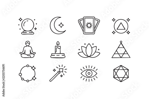 Esoteric and Occult Symbol Collection Featuring Tarot Cards, Crystal Ball, Magic Wand, Third Eye and Sacred Geometry