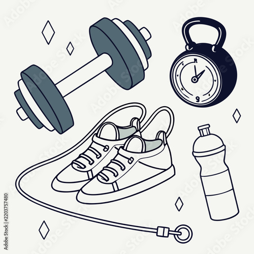 Fitness equipment including dumbbells and running shoes are shown in this drawing.