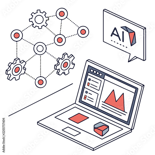 Artificial intelligence processes complex network data on a portable laptop screen.