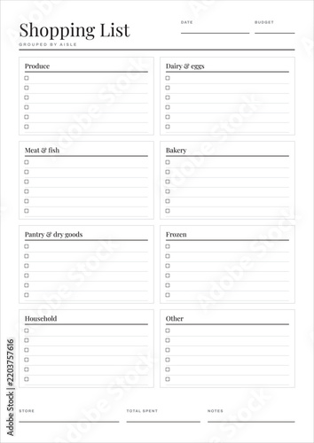 Shopping list worksheet with grocery categories
