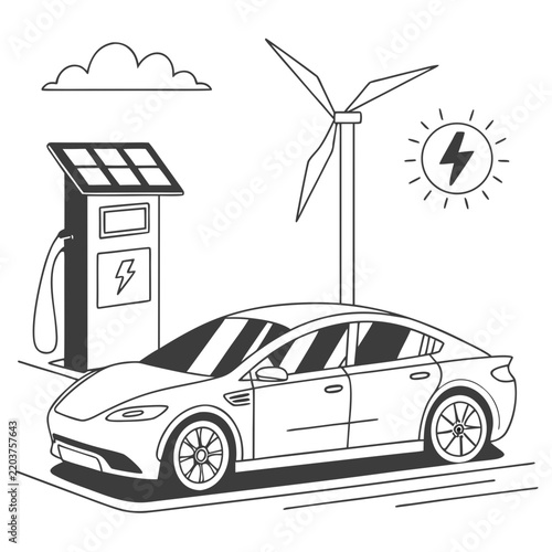 Electric car charges at a station powered by wind and solar energy sources.