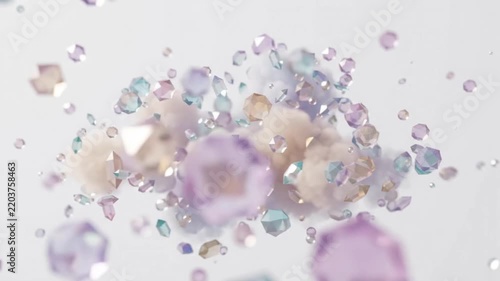 3d floating crystal gems exploding from colorful smoke cloud white background
