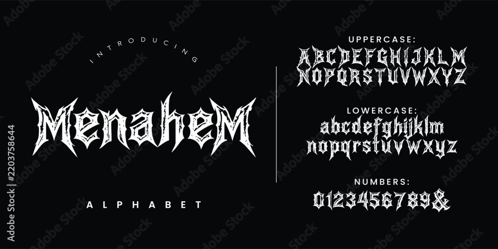 Obraz premium Menahem font extreme black metal display typography alphabet set for brutal music vector