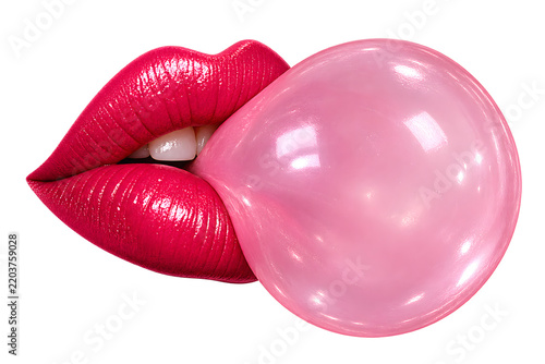 Creative red lips pop art beauty composition isolated on white background with bold lipstick styling and playful fashion elements.