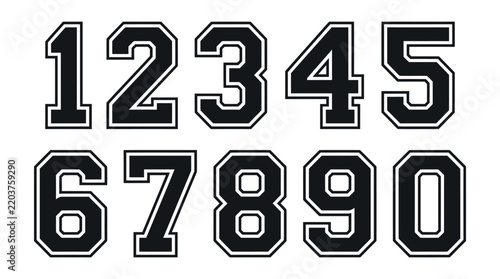 Bold black varsity numbers zero to nine with white outlines arranged neatly on white background