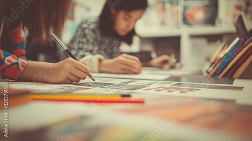 Creative Young Women Designing and Sketching in Art Studio