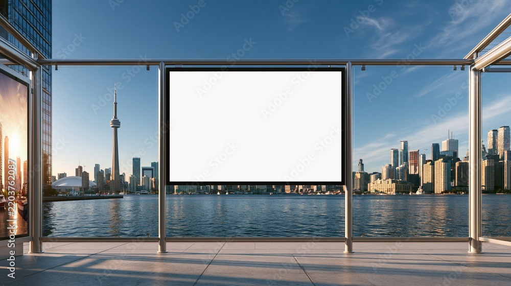 Obraz premium Empty billboard on balcony overlooking city waterfront skyline