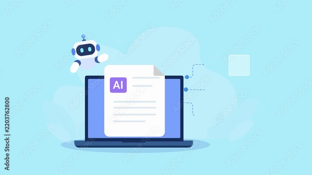 Flat vector animation showing AI document analysis on a laptop with a ...