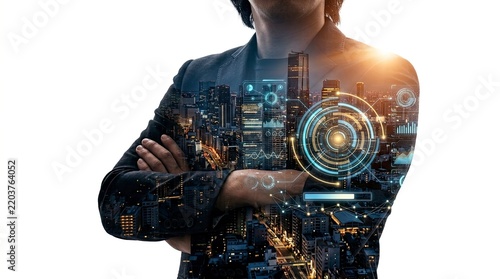 Futuristic Businesswoman with Digital Interface and Technology Background.
