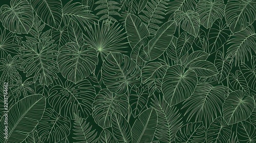 Dense Green Tropical Leaves Pattern for Nature Design.