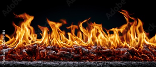 Fiery Grill with Flames and Cooked Meat for Barbecue.