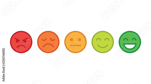 Colorful circular feedback icons showing diverse levels of customer satisfaction from angry to very happy expressions