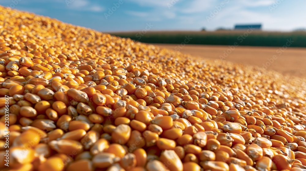 Obraz premium Pile of golden corn kernels in agricultural field