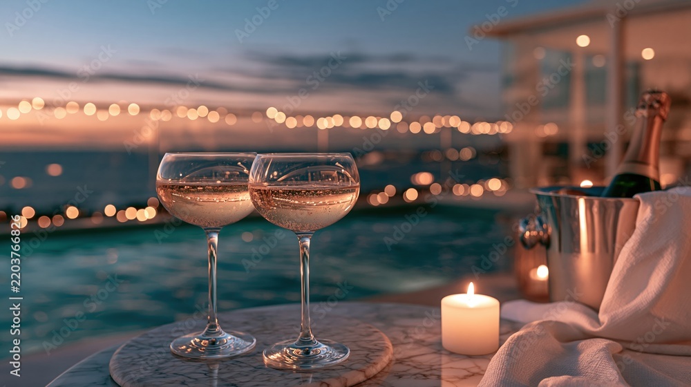 Obraz premium Champagne glasses by pool at sunset with candle