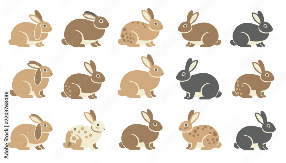 Fototapeta premium Colorful cartoon rabbits in various sitting and profile poses are grouped together to create a whimsical pattern for nursery or children graphic design.