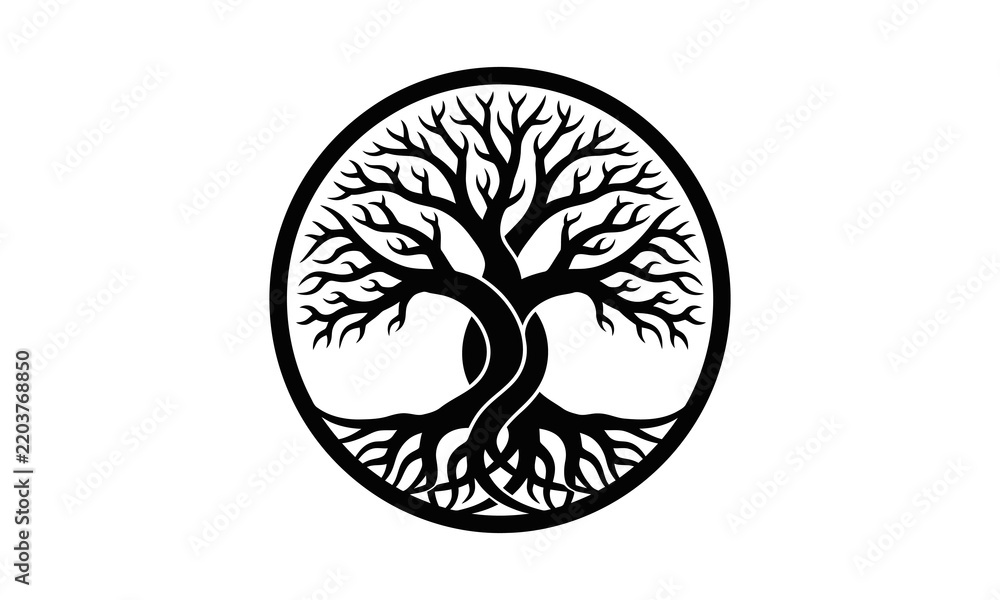 Fototapeta premium Black and white circular tree of life vector icon with intricate branches and roots