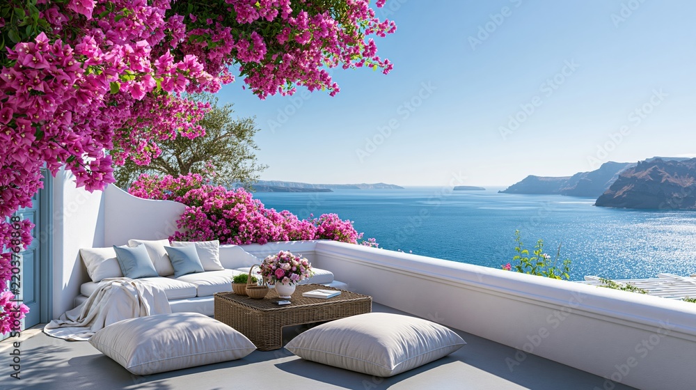 Fototapeta premium Relaxing terrace with bougainvillea overlooking sea