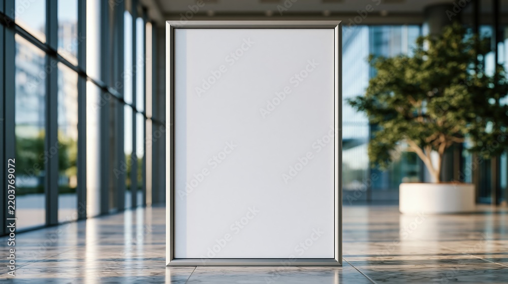 Obraz premium Empty white poster stand in modern glass hallway