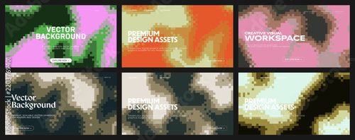 Set of six abstract pixel art backgrounds. These pixelated backgrounds feature a retro dithered aesthetic with diverse digital patterns and vibrant hues. Vector illustration.