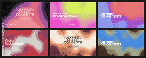 Set of six abstract pixel art backgrounds. These artistic dithered patterns feature varied colors with a unique digital mosaic for UI design. Flat vector illustration.