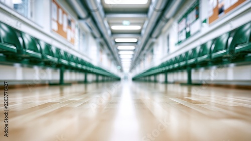 empty school hallway with rows of green chairs