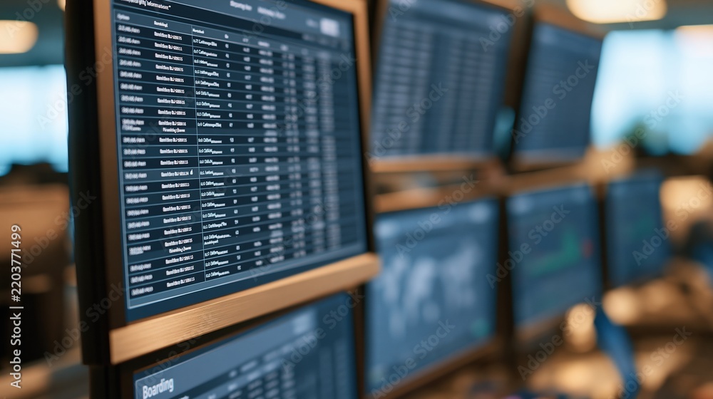 Obraz premium Multiple computer monitors displaying financial data in office