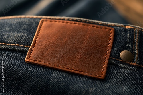 Text-free leather patch on blue jean waist with visible stitching