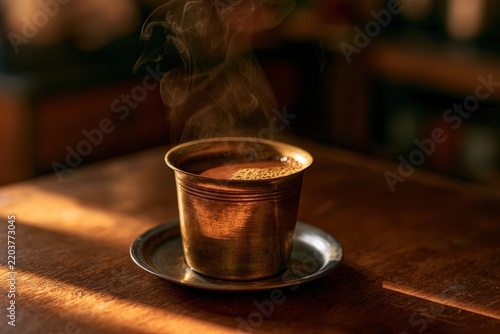 Traditional Brass Tumbler and Saucer Holding Dark Coffee on a Warm Table