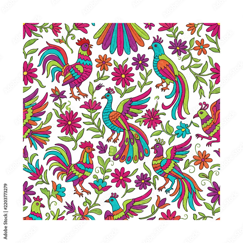 Fototapeta premium Vibrant Mexican Folk Art Style Seamless Pattern With Colorful Roosters Peacocks And Tropical Flowers On White Background Mexican Folk