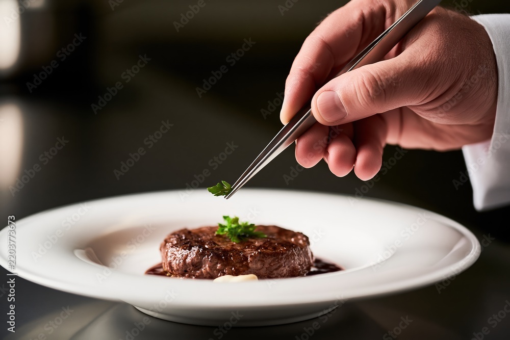Obraz premium Chef plating gourmet steak with tweezers