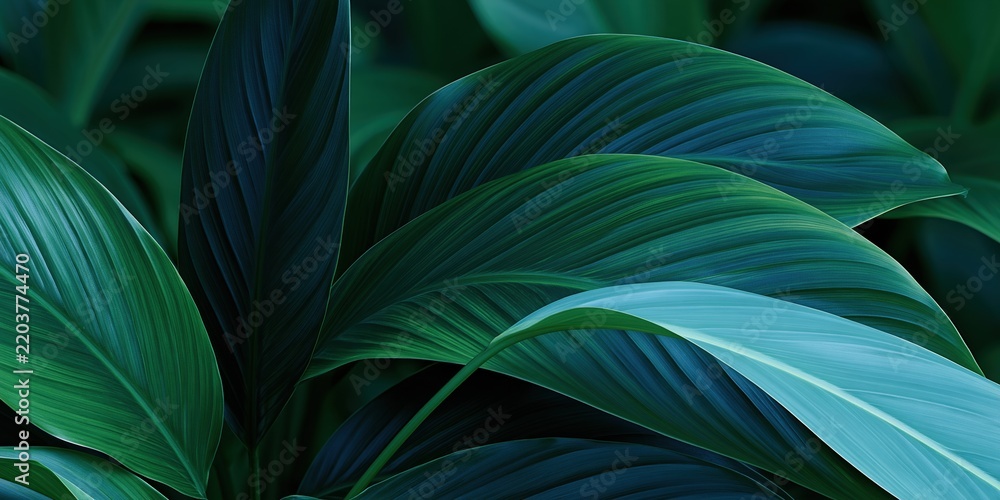 Obraz premium Close up of lush green tropical leaves with