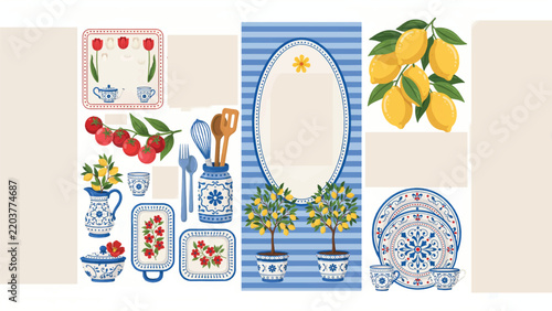 Collection of mediterranean themed decorative kitchenware and fruit with serving dish