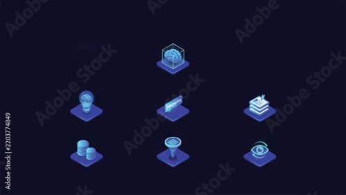 Set of isometric icons representing technology and innovation concepts with technology