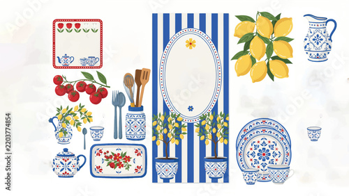 Assortment of blue and white mediterranean kitchen items and produce with serving dish