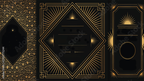 Art deco decorative frames with golden sunburst patterns sunburst background
