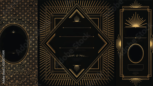 Art deco geometric background with gold lines and black abstract background geometric