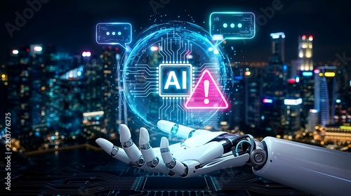 AI robot hand holding a glowing digital sphere with AI and warning symbols over a city skyline artificial intelligence
