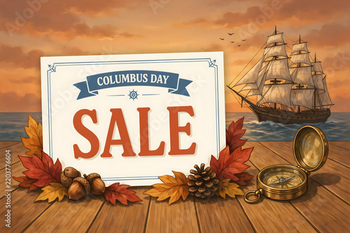 Columbus day sale sign on a wooden dock with autumn leaves, acorns, a pinecone, and a compass, with a sailing ship on the ocean at sunset