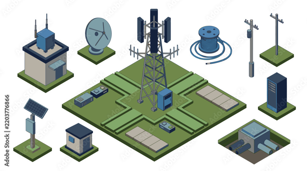 Obraz premium Elegant Isometric of Modern Telecommunications Infrastructure with Network Towers Satellites Servers and Solar Panels
